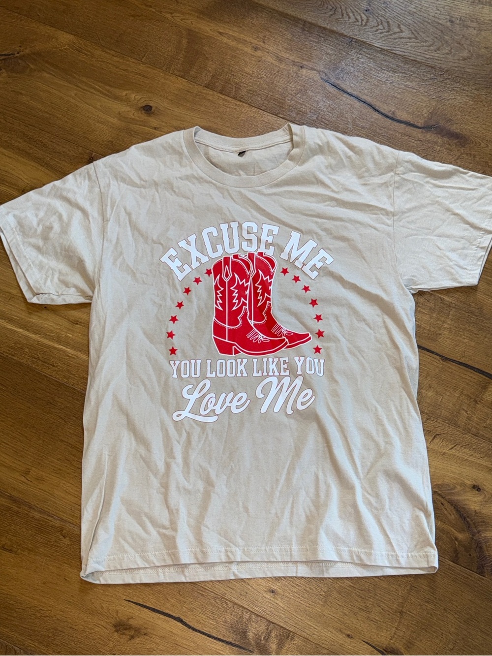 “Excuse Me You Look Like You Love Me” Graphic Tee - Cream with Red Design